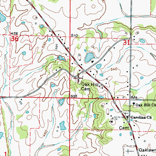 Topographic Map of Oak Hill Cemetery, MS