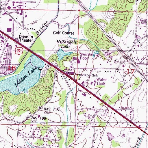 Topographic Map of Oakland School, MS