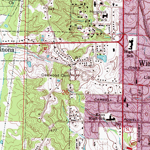 Topographic Map of Oakwood Cemetery, MS
