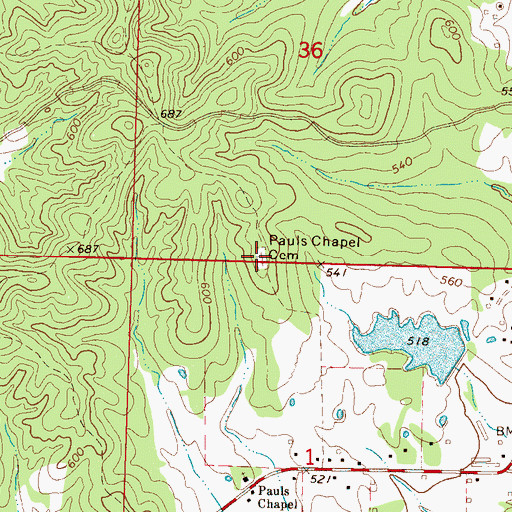 Topographic Map of Pauls Chapel Cemetery, MS