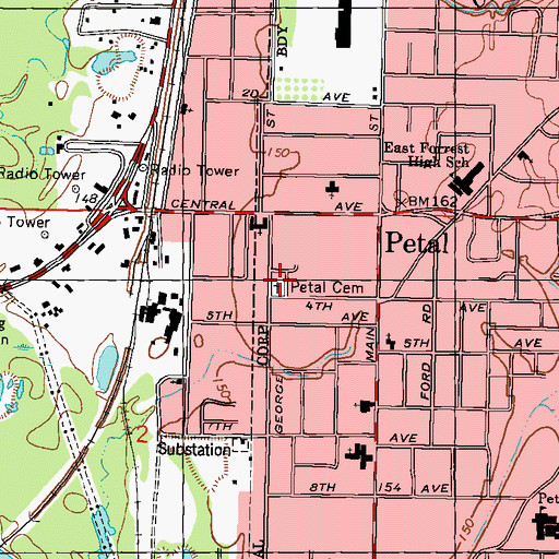 Topographic Map of Petal Cemetery, MS