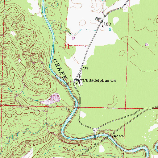 Topographic Map of Philadelphus Church, MS