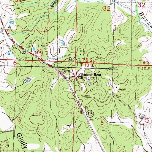 Topographic Map of Pilgrim Rest Cemetery, MS