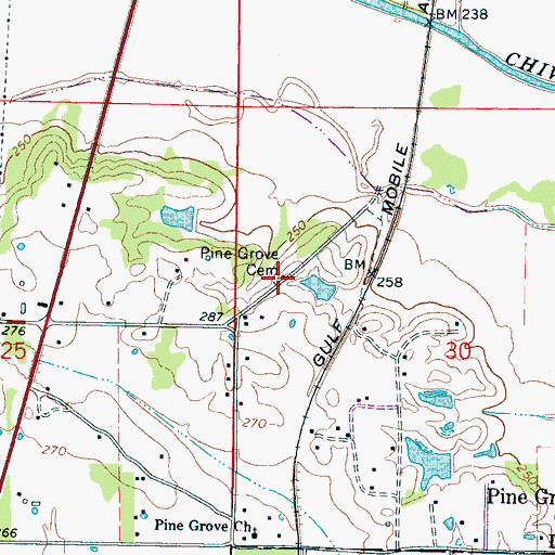 Topographic Map of Pine Grove Cemetery, MS