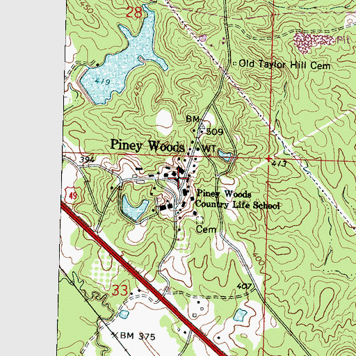 Topographic Map of Piney Woods, MS