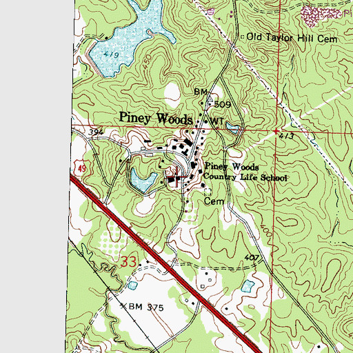 Topographic Map of Piney Woods Country Life School, MS