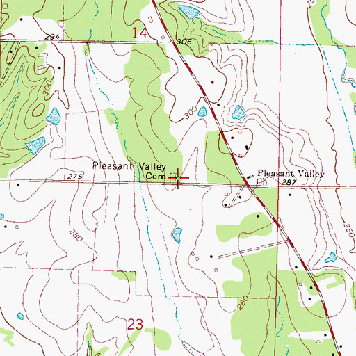 Topographic Map of Pleasant Valley Cemetery, MS