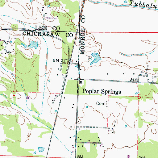 Topographic Map of Poplar Springs, MS