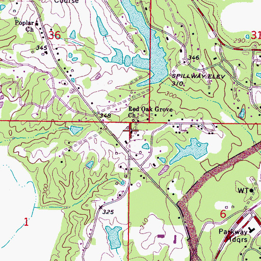 Topographic Map of Red Oak Grove Church, MS