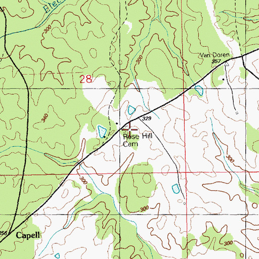 Topographic Map of Rose Hill Cemetery, MS