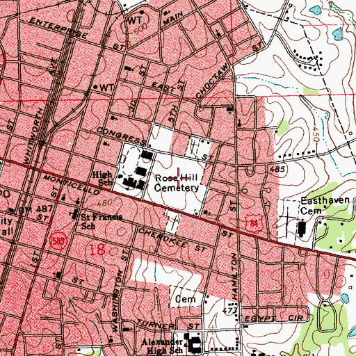 Topographic Map of Rose Hill Cemetery, MS