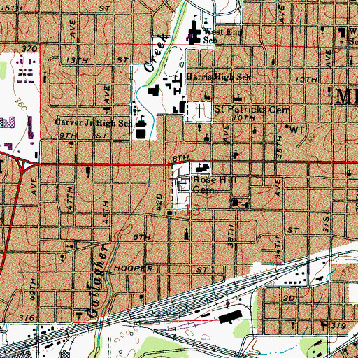 Topographic Map of Rose Hill Cemetery, MS