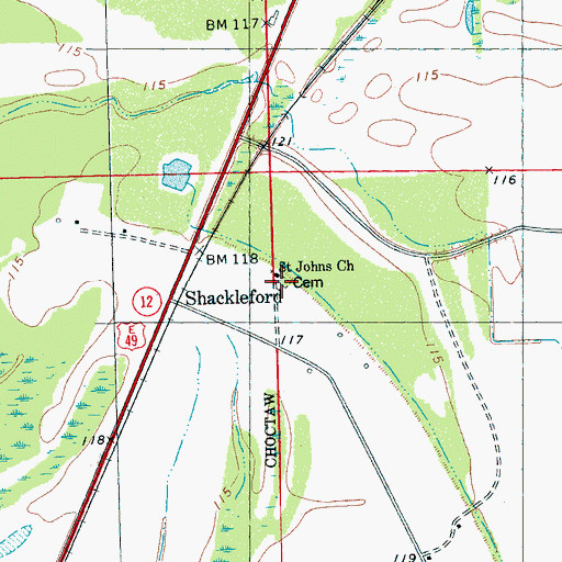 Topographic Map of Saint Johns Cemetery, MS