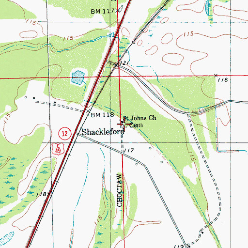 Topographic Map of Saint Johns Church, MS