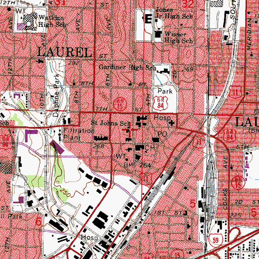 Topographic Map of Saint Johns School, MS
