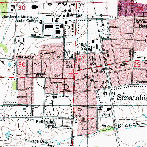 Topographic Map of Senatobia, MS