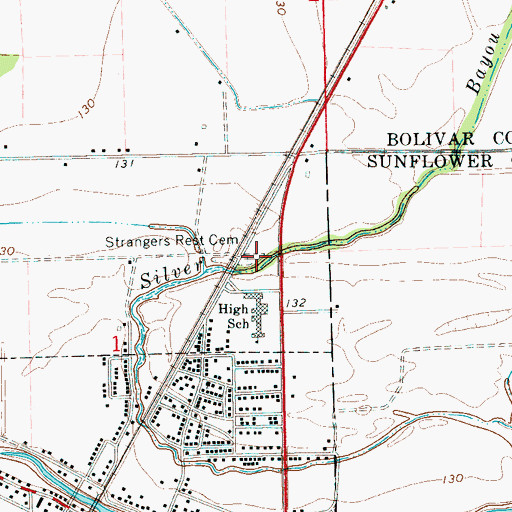 Topographic Map of Strangers Rest Cemetery, MS