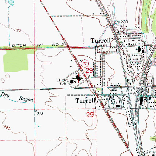 Topographic Map of Turrell High School, AR