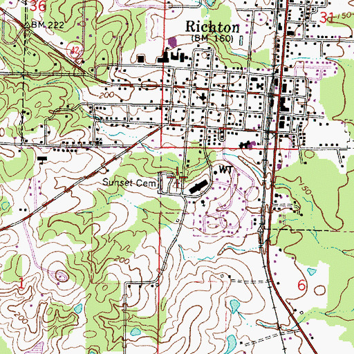Topographic Map of Sunset Cemetery, MS