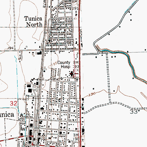 Topographic Map of Tunica County Hospital, MS