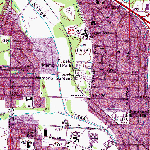 Topographic Map of Tupelo Memorial Gardens, MS