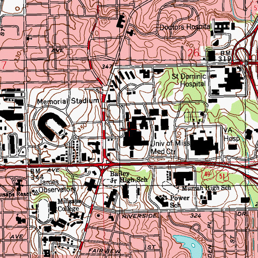 Topographic Map of University of Mississippi Medical Center, MS