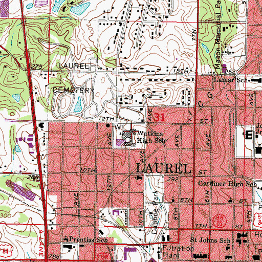 Topographic Map of Watkins High School, MS