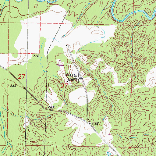Topographic Map of Watts Cemetery, MS