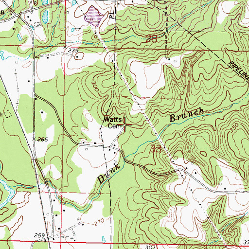 Topographic Map of Watts Cemetery, MS