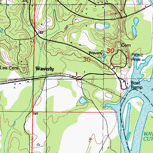 Topographic Map of Waverly, MS