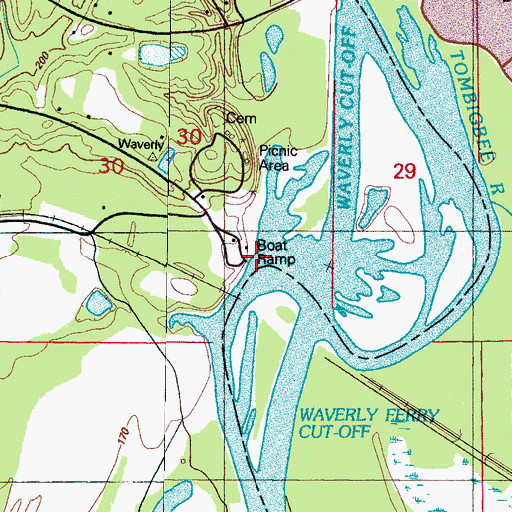 Topographic Map of Waverly Ferry, MS