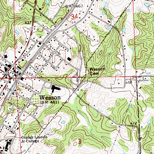 Topographic Map of Wesson Cemetery, MS