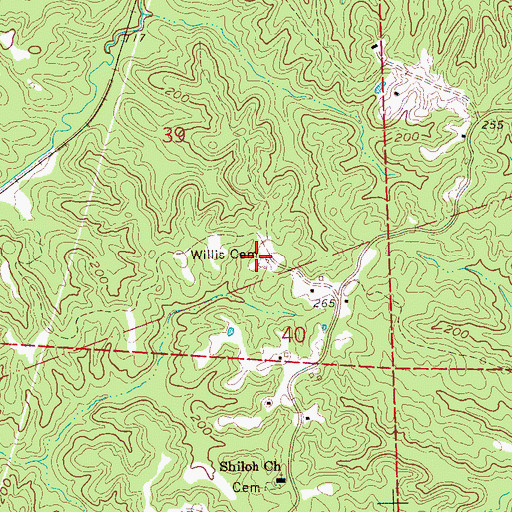Topographic Map of Willis Cemetery, MS
