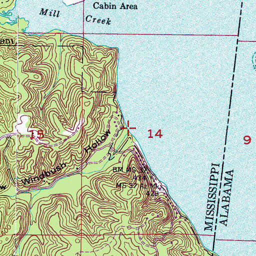 Topographic Map of Wimbish Hollow, MS