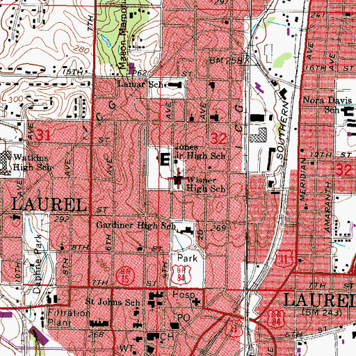 Topographic Map of Wisner High School, MS
