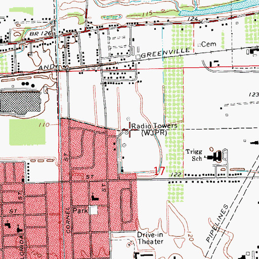 Topographic Map of WNIX-AM (Greenville), MS