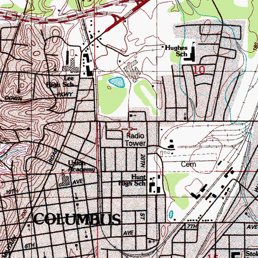 Topographic Map of WACR-AM (Columbus), MS