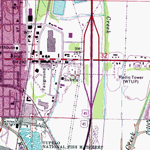 Topographic Map of WTUP-AM (Tupelo), MS