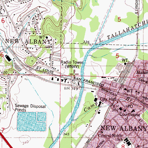 Topographic Map of WNAU-AM (New Albany), MS