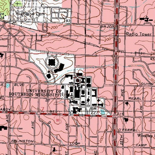 Topographic Map of WMSU-FM (Hattiesburg), MS