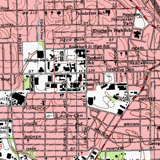 Topographic Map of WJSU-FM (Jackson), MS