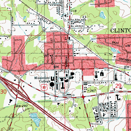 Topographic Map of WHJT-FM (Clinton), MS