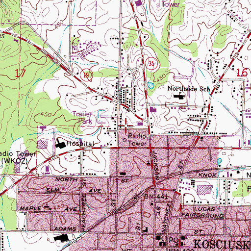 Topographic Map of WKOZ-FM (Kosciusko), MS