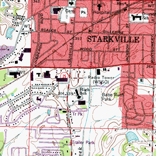 Topographic Map of WSMU-FM (Starkville), MS