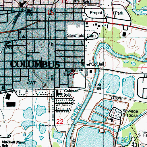 Topographic Map of WJWF-FM (Columbus), MS