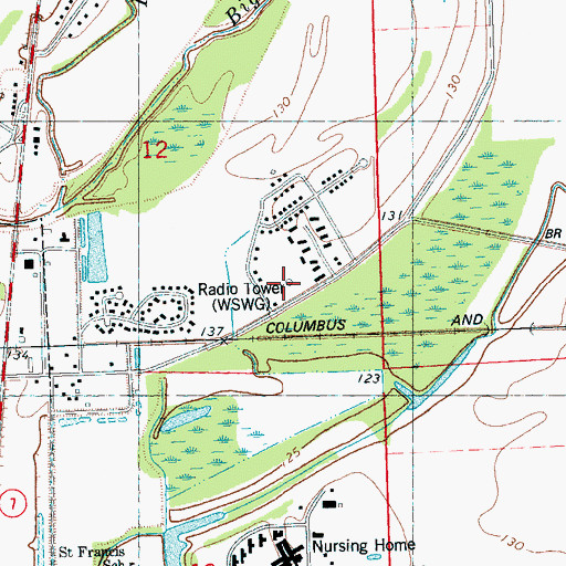 Topographic Map of WSWG-FM (Greenwood), MS