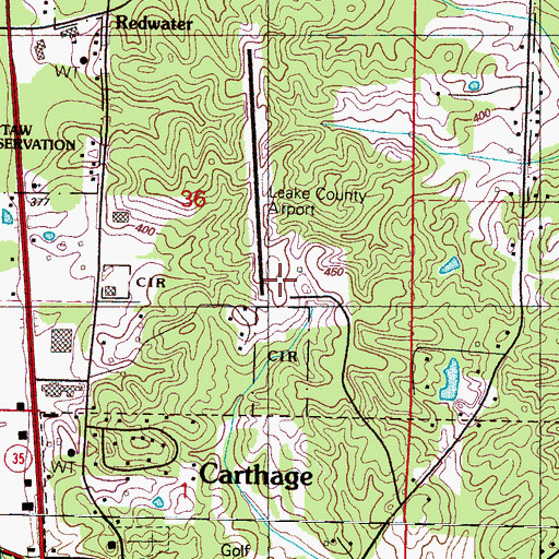 Topographic Map of Carthage-Leake County Airport, MS