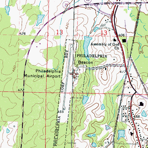 Topographic Map of Philadelphia Municipal Airport, MS