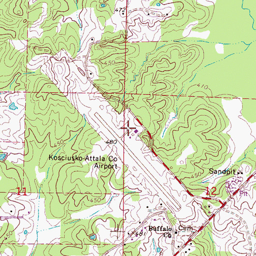 Topographic Map of Kosciusko-Attala County Airport, MS
