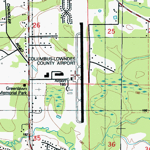 Topographic Map of Columbus-Lowndes County Airport, MS